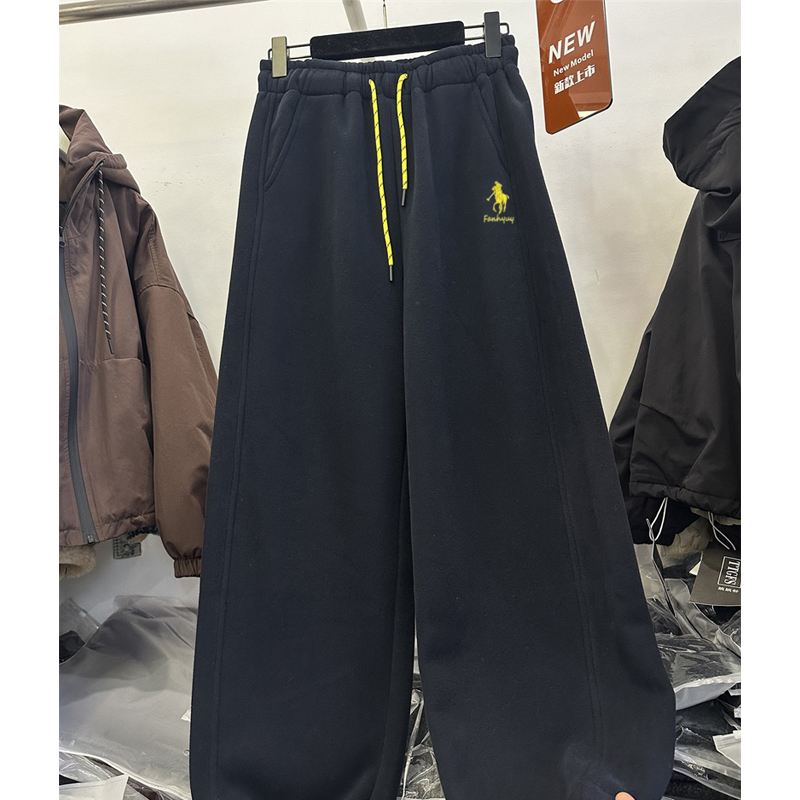小马标刺绣藏青色加绒卫裤女2025新款秋冬休闲宽松直筒弯刀长裤子