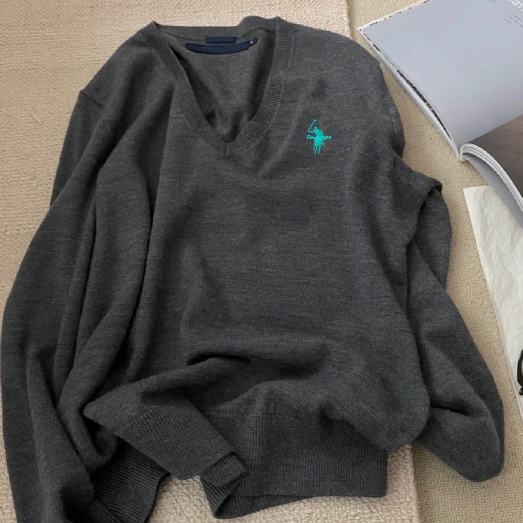 小马标刺绣灰色V领针织衫女款宽松慵懒风打底上衣毛衣内搭可外穿