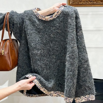 灰色马海毛软糯毛衣女秋冬季加厚慵懒风圆领针织衫内搭打底衫上衣