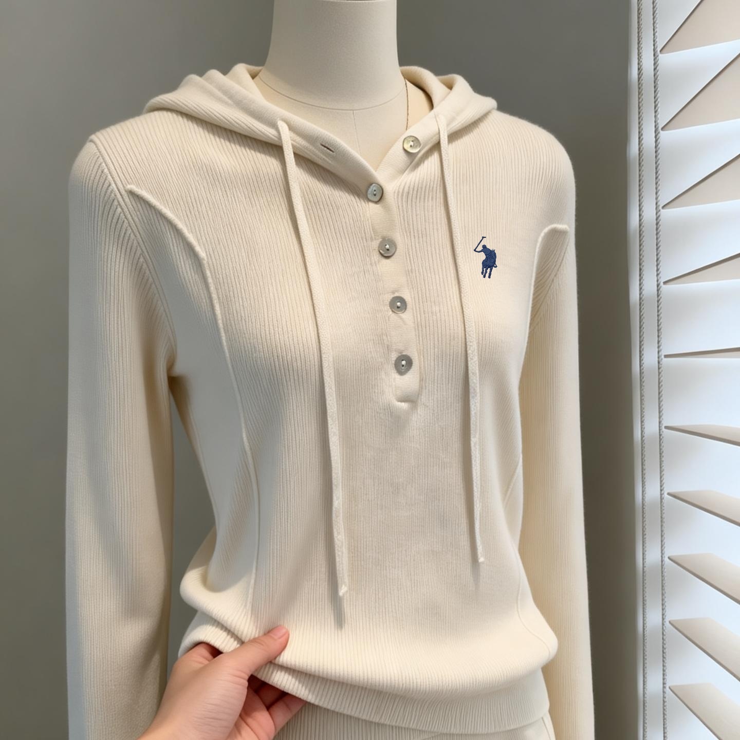 小马标运动风连帽针织衫女秋冬休闲高级感打底衫内搭毛衣帽衫上衣