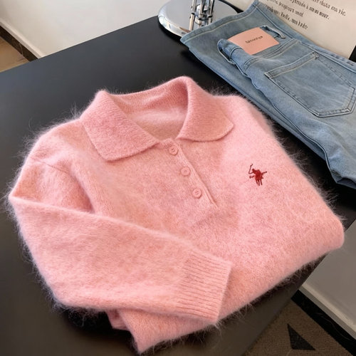 小马标刺绣粉色polo领毛衣女2025新款秋冬韩系休闲宽松针织衫上衣