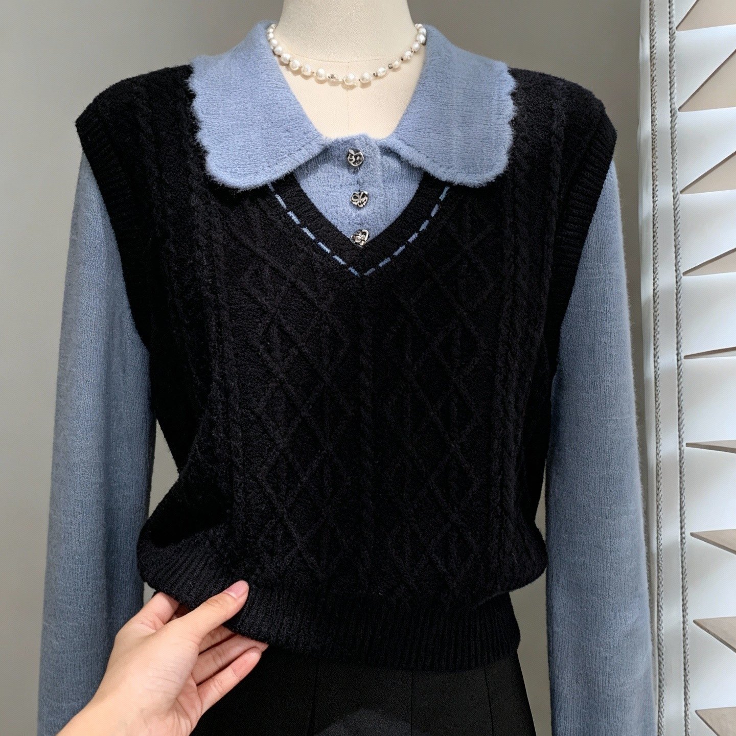 娃娃领假两件针织衫女秋冬独特漂亮小个子学院风翻领叠穿毛衣背心