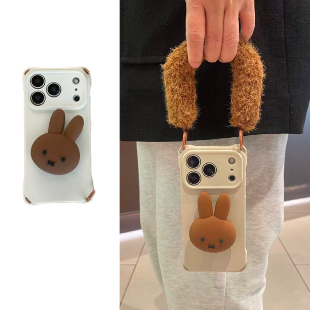 四角可挂ins灰白撞色可爱咖米菲兔支架毛绒手腕带适用于苹果17手机壳iphone16promax斜挎绳15软14/13套12