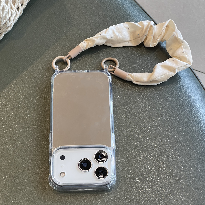 纯色电镀镜面银烫钻丝巾手腕带适用于苹果17手机壳iphone16自带挂钩15补妆镜14/13套12
