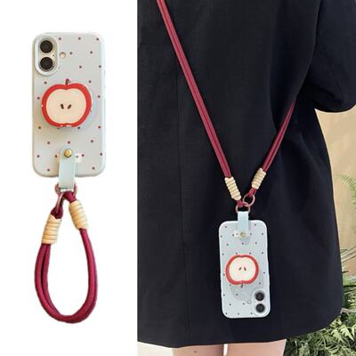 ins奶蓝波点可爱苹果支架手拎短绳适用于苹果17手机壳iphone16promax斜挎绳14软13/12套11