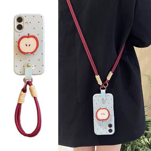 ins奶蓝波点可爱苹果支架手拎短绳适用于苹果17手机壳iphone16promax斜挎绳14软13/12套11