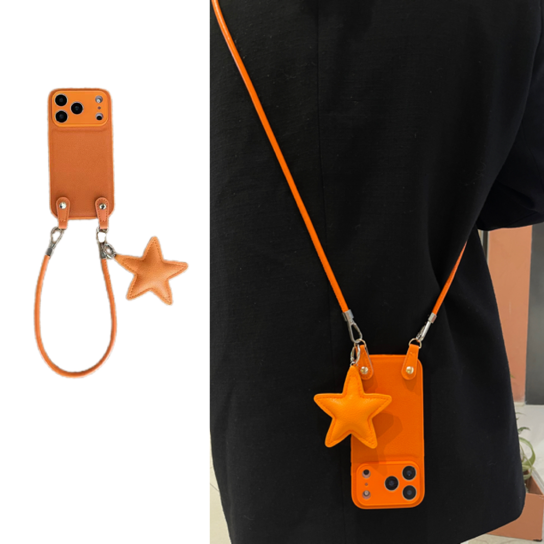 高级ins爱马仕橙皮质星星吊坠手提绳适用于苹果17手机壳iphone16promax斜挎绳15套14全包套13/12