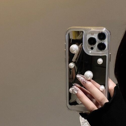 12小众ins风立体珍珠镜面冷淡风14iPhone15promax苹果17/16pro手机壳13女11补妆镜XS