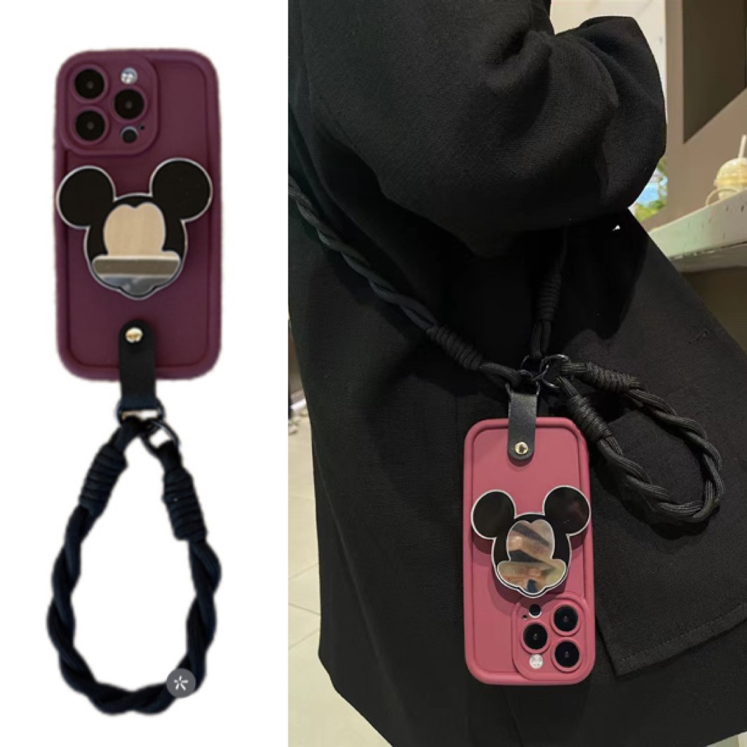ins酒红撞色米奇头支架手拎短绳适用于苹果15手机壳13iphone14promax斜挎绳12软11迪士尼XS
