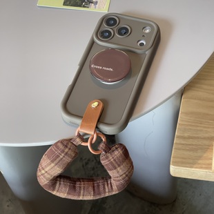 ins复古高级棕椭圆支架格子充棉手腕带适用于苹果17手机壳iphone16promax软15/14套13小众12