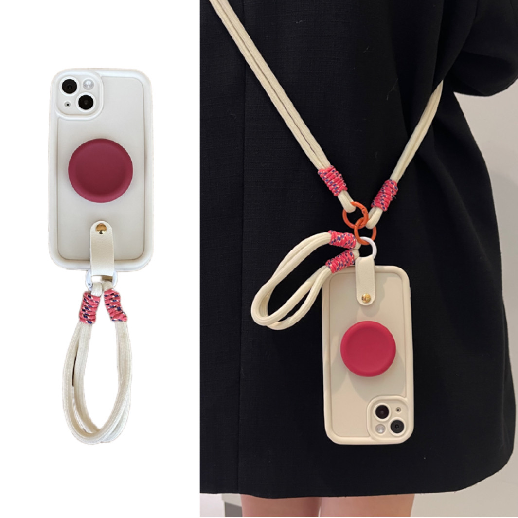 简约温柔奶白酒红支架适用iphone14promax16手提式绳苹果15手机壳11斜挎背带绳12mini全包13防摔XS保护套软8