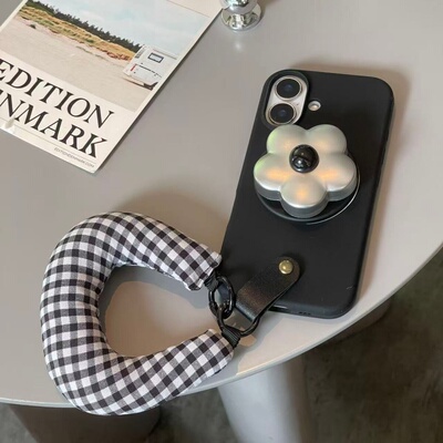 ins酷黑液态立体花朵磁吸支架适用于苹果17手机壳iphone16promax格纹手腕带15套14/13小众12可拆卸11