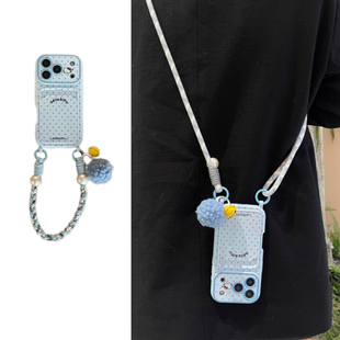 ins春日可爱波点Kitty猫毛绒铃铛短绳适用于苹果17手机壳iphone16promax斜挎绳14软15/13