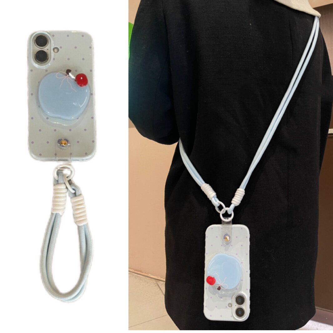 夏日奶蓝波点苹果支架手拎短绳适用于苹果17手机壳iphone16promax斜挎绳15软14/13套12