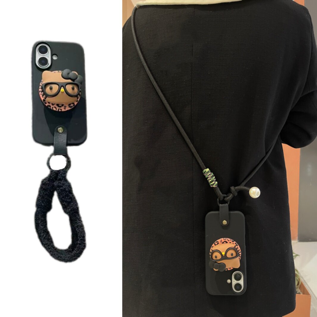 酷黑ins可爱棕皮Kitty猫磁吸支架毛绒手腕带适用于苹果17手机壳iphone16promax斜挎绳子15套14/13套12