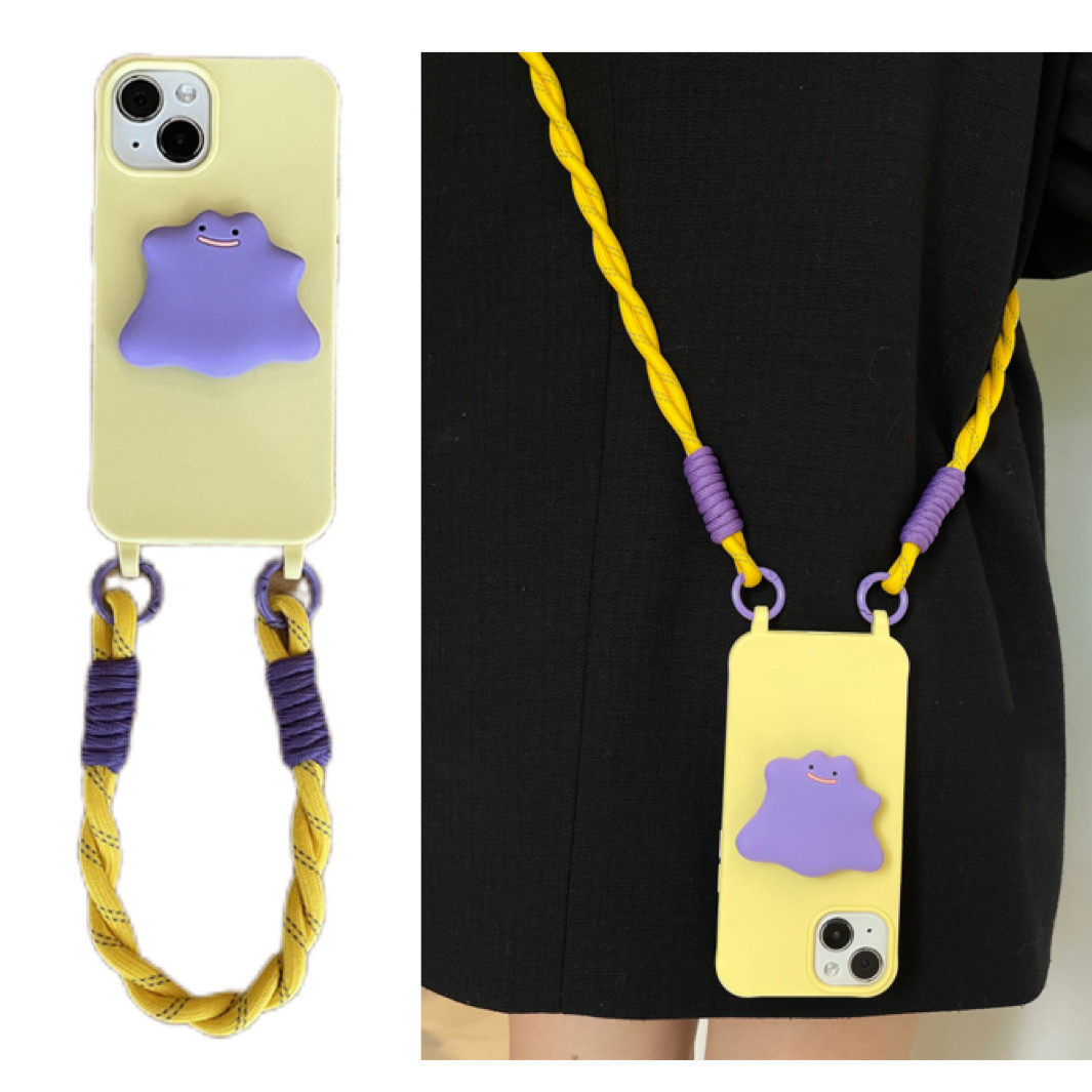 ins小众原创黄色卡通百变怪支架手拎短绳适用于17苹果15/16手机壳11iphone14promax13斜跨背带12mini双挂钩XS