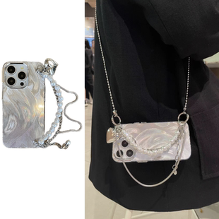 ins高级羽纱银爱心双链条手提链条适用于17苹果15手机壳16iphone14promax13斜跨链条12硬11小众xs