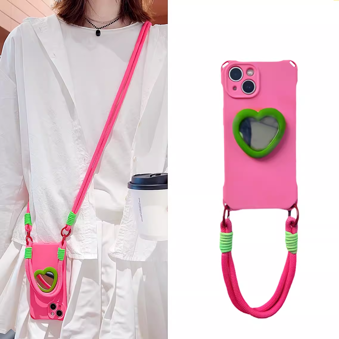 ins少女玫粉色硅胶爱心支架适用11苹果15promax16手机壳iphone13补妆镜子12腕带14手提挂绳13斜挎可背XS
