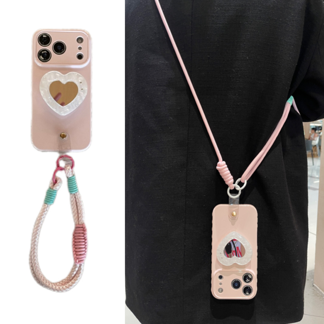 少女ins奶粉爱心镜面支架手拎短绳适用于苹果17手机壳iphone16promax斜挎绳15软14/13小众12