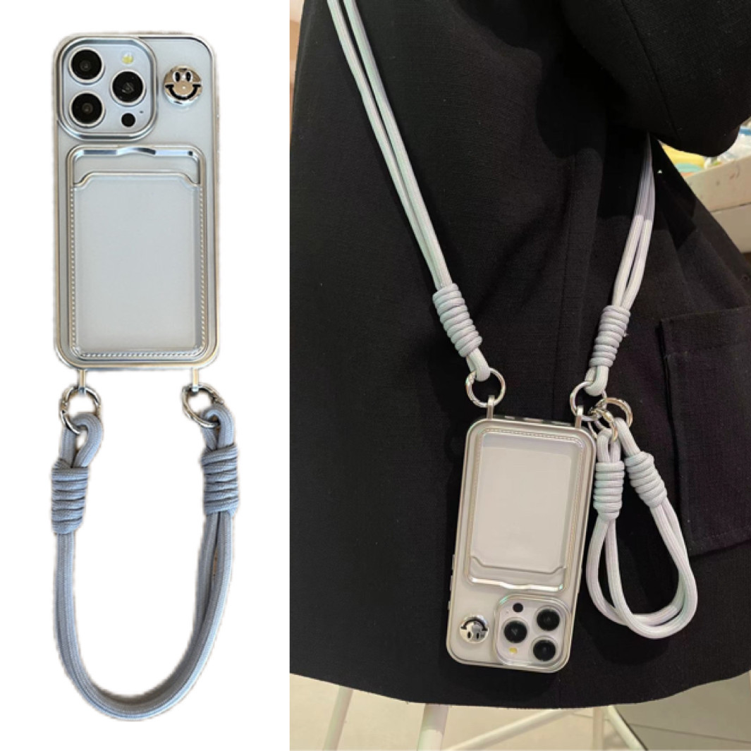 ins高级电镀银立体笑脸手提绳17苹果15/16手机壳iphone14promax13斜挎绳12透明双挂钩11小众XS