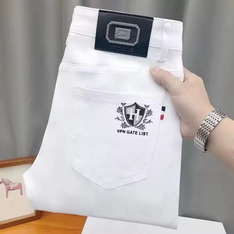 高端欧货牛仔裤男士春秋季2025新款潮牌白色弹力修身小脚帅气长裤