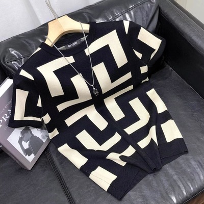 2025新款短袖毛衣男士针织衫半袖几何提花气质弹力潮流修身打底衫