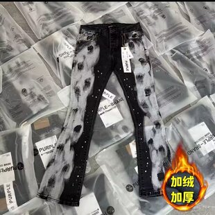美式高街风泼墨涂鸦个性潮流街头微喇牛仔裤男加绒加厚痞帅高端裤