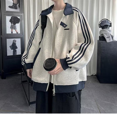 三条杠撞色开衫卫衣男学生夹克