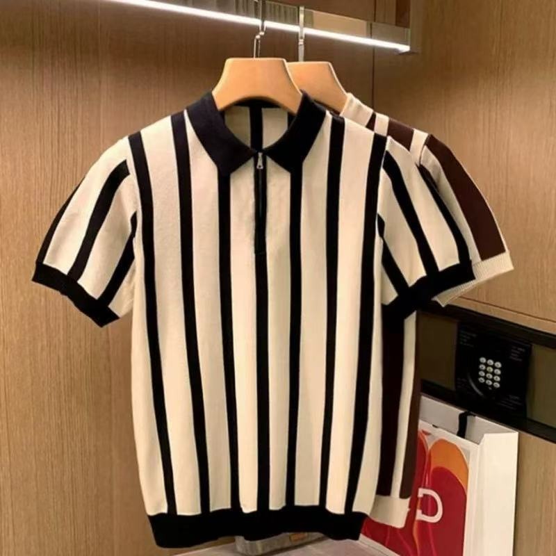 撞色条纹拉链冰丝polo衫男短袖夏季薄款高端修身翻领痞帅针织t恤