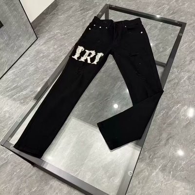 美式修身长裤洗水高街破洞紧身男牛仔裤子高端潮牌男装黑色小脚裤