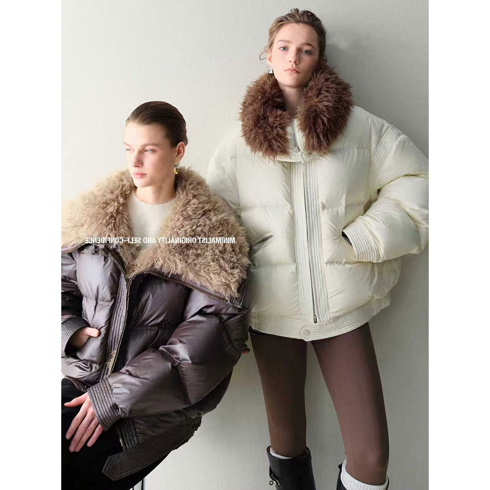 白鸭绒卷卷毛短面包羽绒服外套