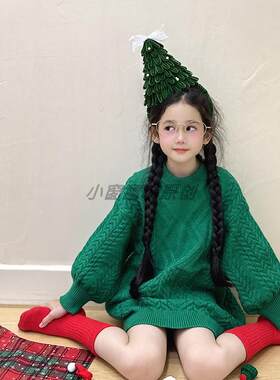 韩版宽松森林绿立体麻花鞭针织毛衣公主裙圣诞氛围感满满