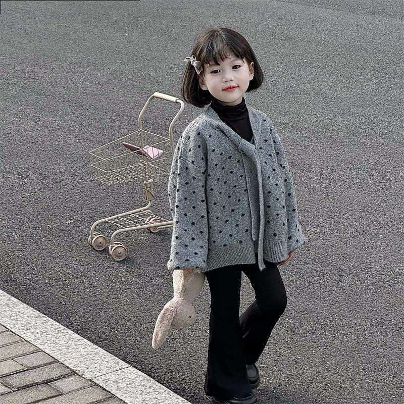 女童韩系长袖春季领子系带波点针织毛衣开衫外套时尚百搭