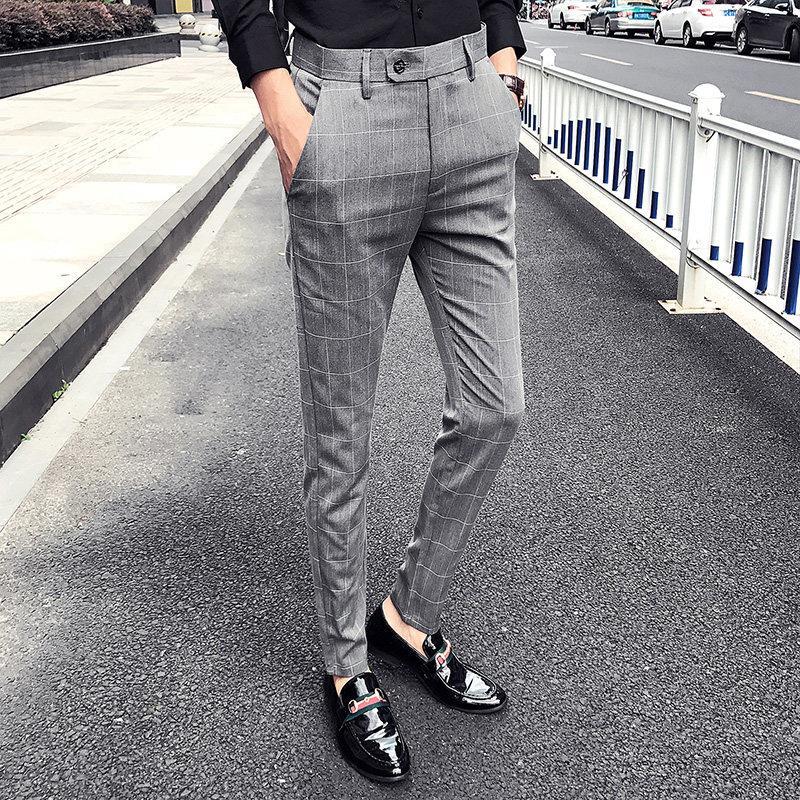 夏季精神小伙格子裤子男韩版潮流休闲裤修身小脚裤九分英伦西裤男