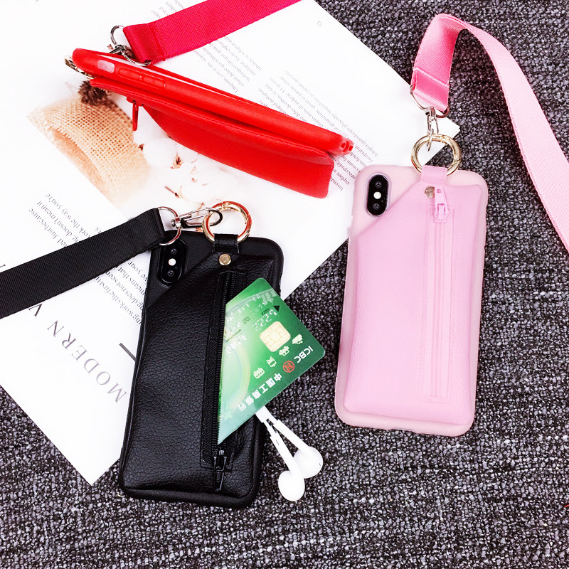 纯色简约零钱包适用苹果17/16手机壳xsmax挂脖绳子iPhone15/14/13/12pro防摔硅胶软壳56splus/7plus/8P保护套