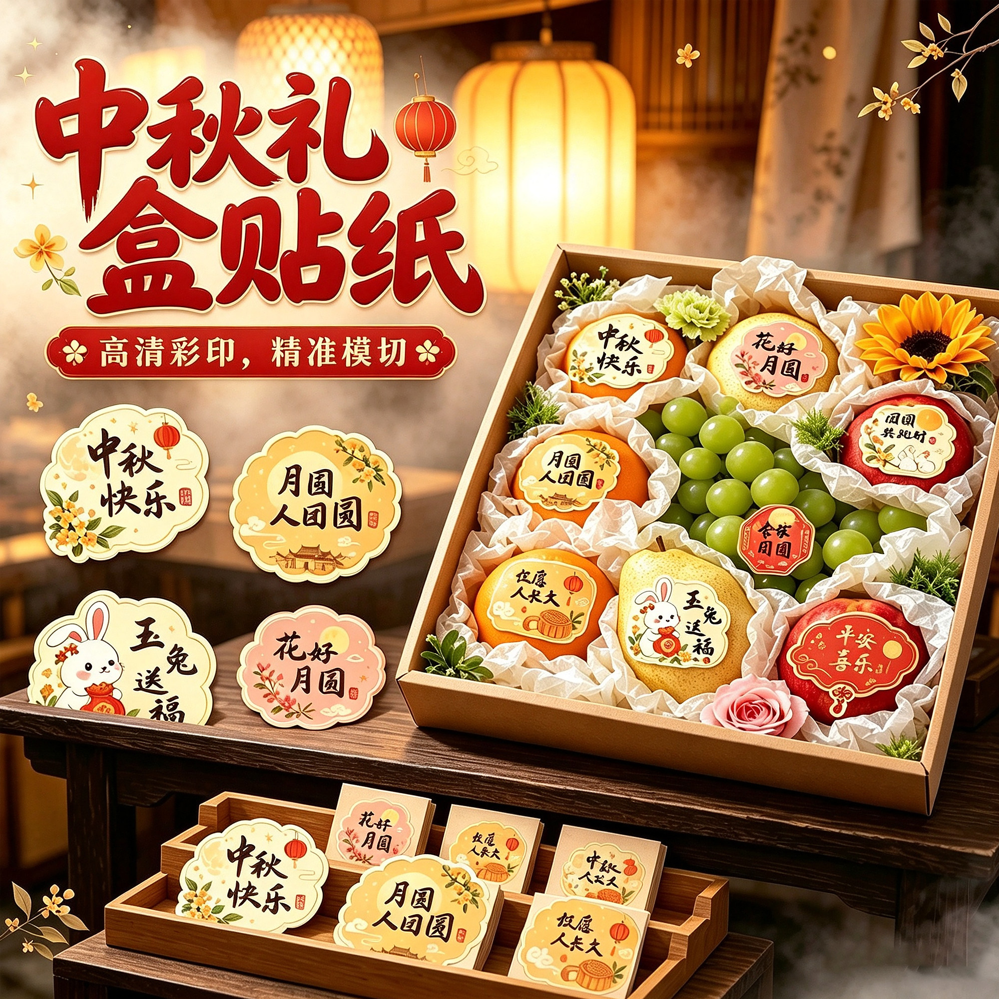 中秋贴纸定制月饼水果礼盒包装封口标签糕点包装伴手礼不干胶定做