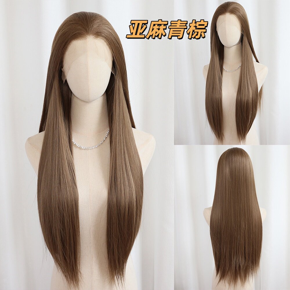 亚麻青棕万用cos手钩毛胚直发前额蕾丝化纤整顶假发头套随意分缝