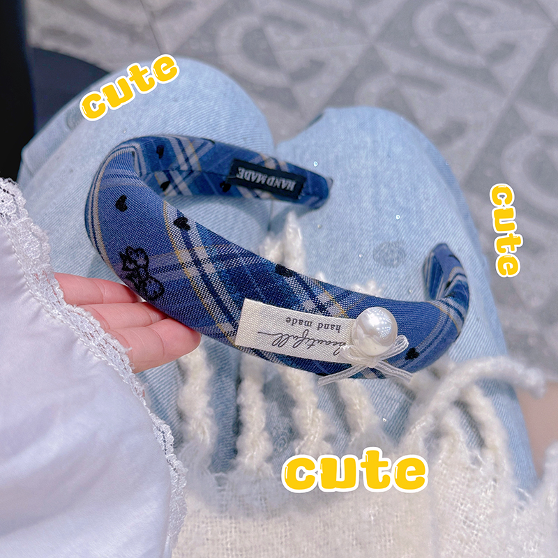 优享版JK校供蓝发箍高颅顶格纹布艺头箍手工蝴蝶结学院风软妹头饰