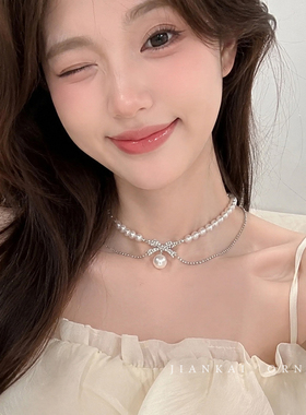 闪钻蝴蝶结仿珍珠项链女士2026
