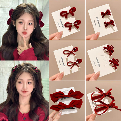 秋冬红丝绒蝴蝶结发夹高级感气质