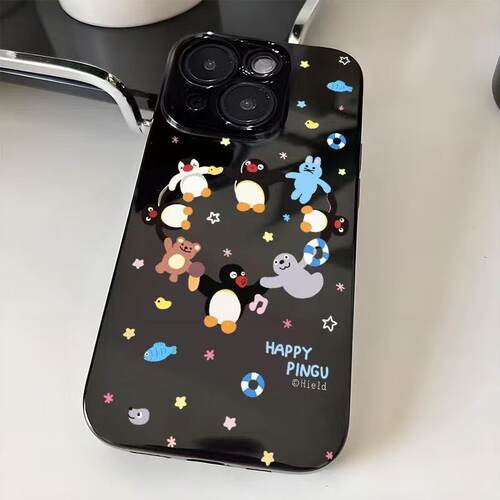 爱心企鹅适用苹果11手机壳iPhone12/13/14/15/16promax亮面黑6/7/8plus直边xr可爱卡通xsmax防摔保护4/5s潮套