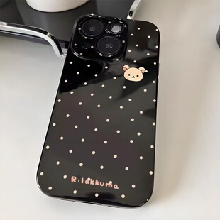 波点轻松熊适用苹果11手机壳iPhone12/13/14/15/16promax亮面黑6/7/8plus直边xr卡通xsmax防摔保护4/5s潮套女