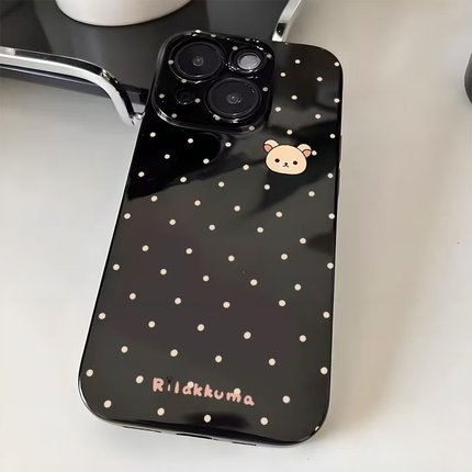 波点轻松熊适用苹果11手机壳iPhone12/13/14/15/16promax亮面黑6/7/8plus直边xr卡通xsmax防摔保护4/5s潮套女