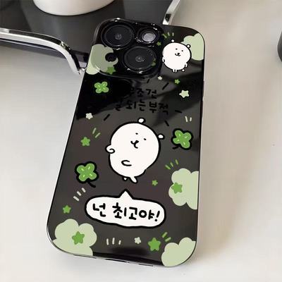 四叶草适用苹果11手机壳iPhone12/13/14/15/16promax亮面黑6/7/8plus直边xr自嘲熊卡通xsmax防摔保护4/5s潮套