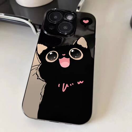 可爱小黑猫适用苹果15手机壳iPhone11亮面黑12/13/14promax日韩风4/5S直边6/7/8PLUS软套XSMAX防摔保护XR潮壳