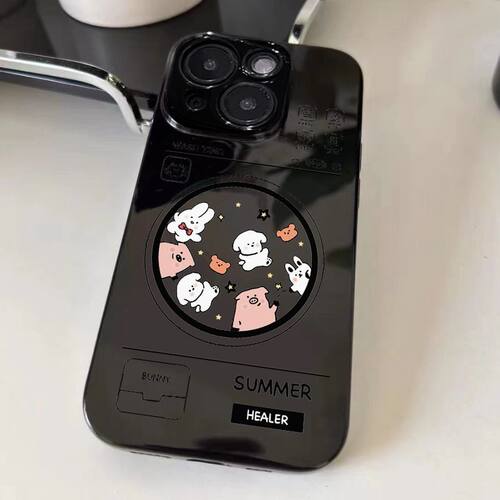 可爱小动物适用苹果15手机壳iPhone11亮面黑12/13/14promax日韩风4/5S直边6/7/8PLUS软套XSMAX防摔保护XR潮壳