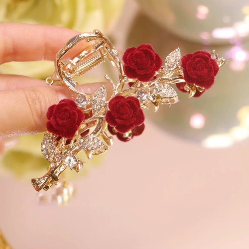 复古红玫瑰闪钻流苏抓夹女后脑勺半扎发夹卡子气质鲨鱼夹古风头饰