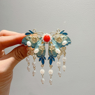 古风头饰绘彩蝴蝶流苏发夹女新款高级感后脑勺横夹半扎发弹簧夹子