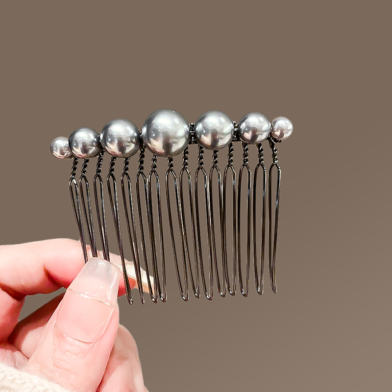 2025新款防滑插梳碎发刘海发卡简约百搭发钗高级感灰色珍珠发梳女
