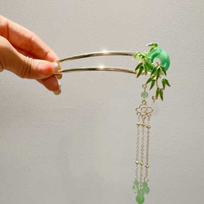 简约古风百搭盘发气质U型簪子时尚绿竹插针2024新款超仙盘发簪